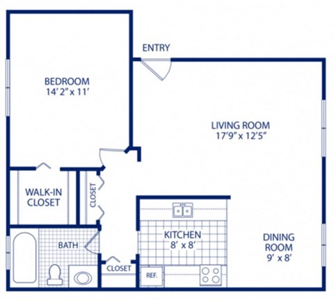Floor plan for 1 bed, 1 bath, 600 sqft